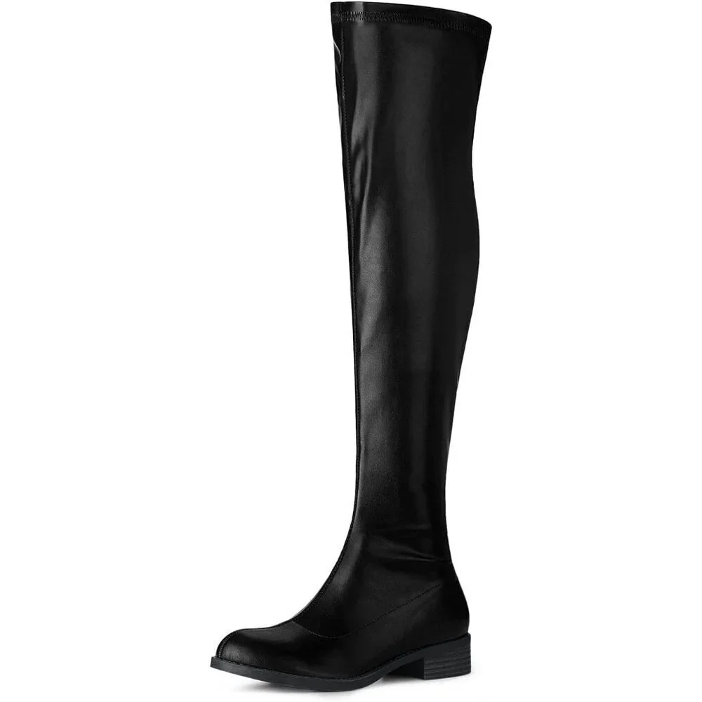 Women's Black Faux Leather Thigh High Low Block Heel Fashion Over the Knee Boots
